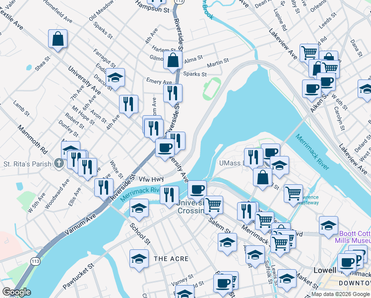 map of restaurants, bars, coffee shops, grocery stores, and more near Vfw Hwy in Lowell