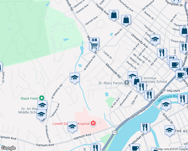 map of restaurants, bars, coffee shops, grocery stores, and more near 68 Chase Avenue in Lowell