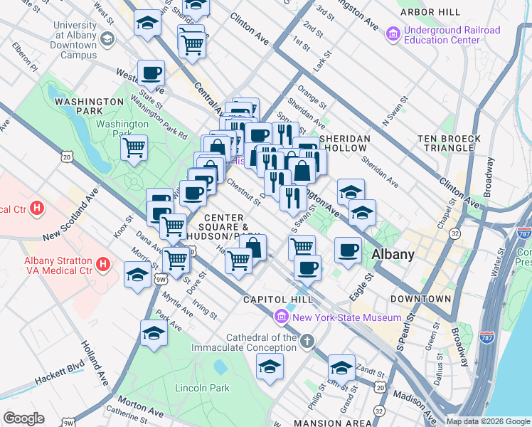 map of restaurants, bars, coffee shops, grocery stores, and more near in Albany