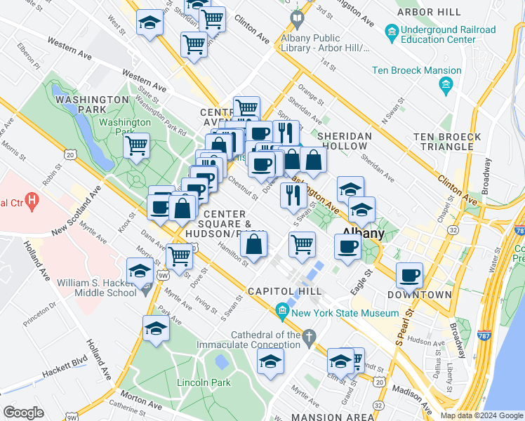 map of restaurants, bars, coffee shops, grocery stores, and more near in Albany