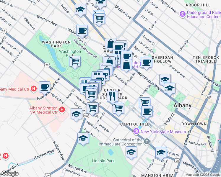 map of restaurants, bars, coffee shops, grocery stores, and more near 222 Jay Street in Albany