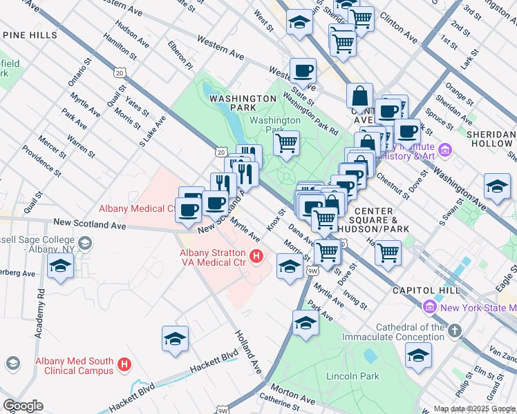 map of restaurants, bars, coffee shops, grocery stores, and more near in Albany