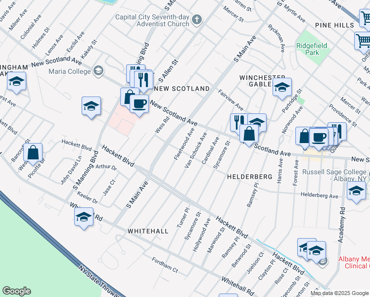 map of restaurants, bars, coffee shops, grocery stores, and more near 19 Fleetwood Avenue in Albany