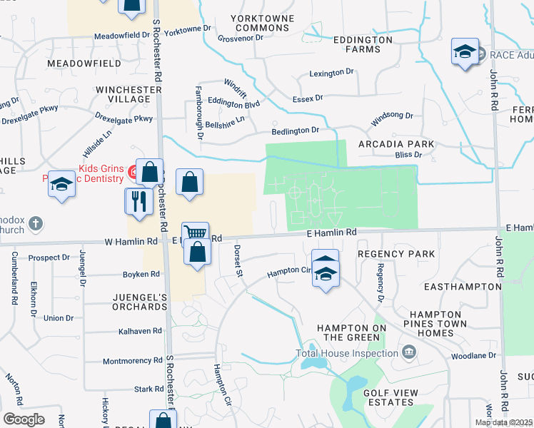 map of restaurants, bars, coffee shops, grocery stores, and more near 235 East Hamlin Road in Rochester Hills