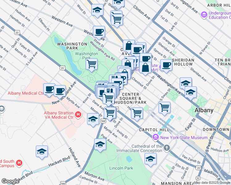 map of restaurants, bars, coffee shops, grocery stores, and more near in Albany