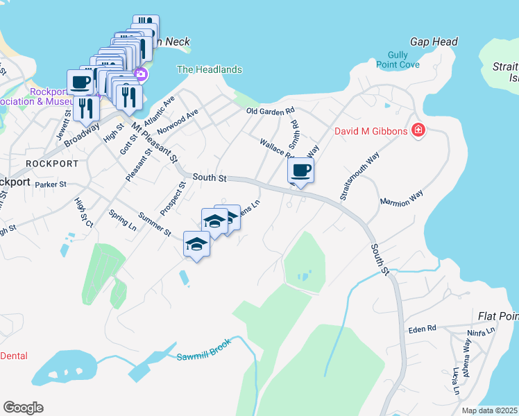 map of restaurants, bars, coffee shops, grocery stores, and more near 3 Jerdens Lane in Rockport