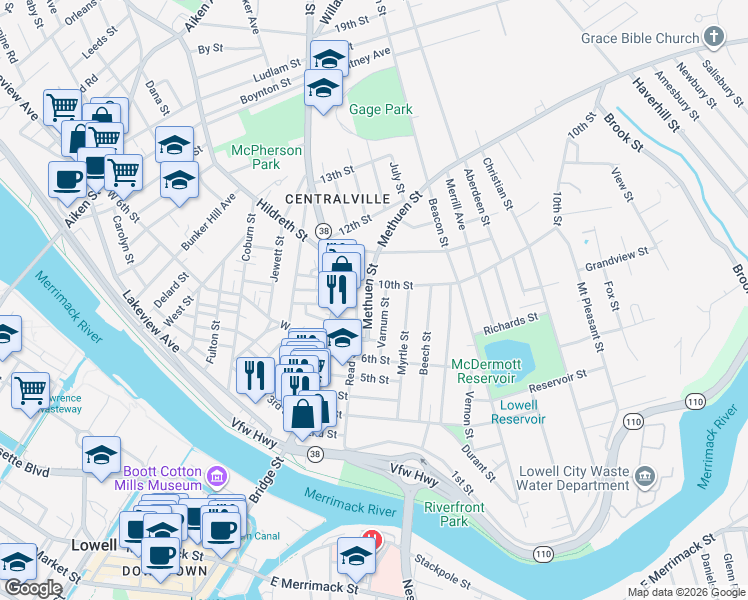 map of restaurants, bars, coffee shops, grocery stores, and more near 56 Methuen Street in Lowell