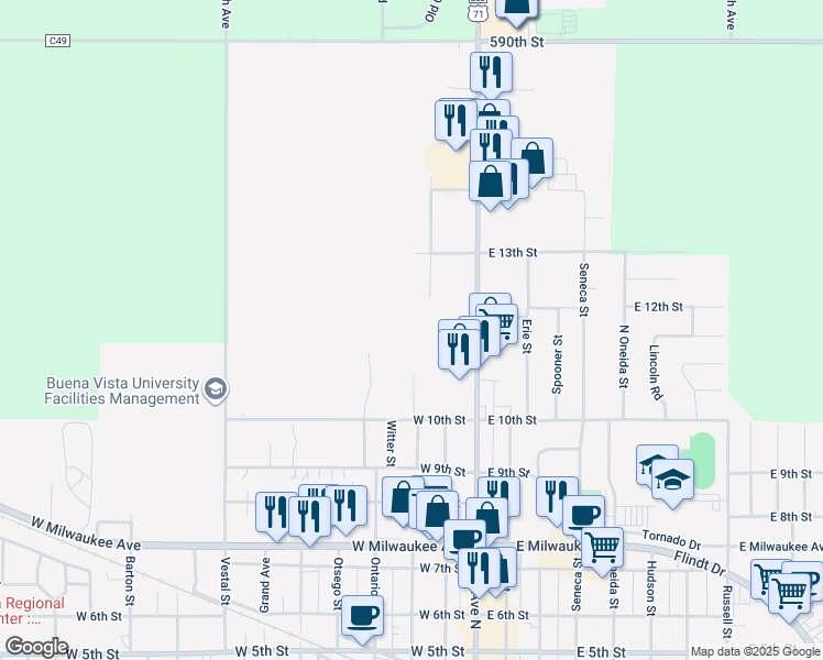 map of restaurants, bars, coffee shops, grocery stores, and more near 1250 Lake Avenue North in Storm Lake