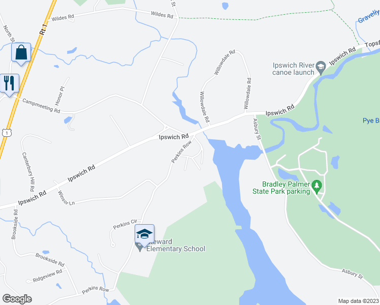 map of restaurants, bars, coffee shops, grocery stores, and more near 333 Perkins Row in Topsfield