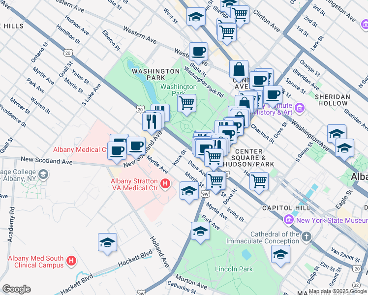 map of restaurants, bars, coffee shops, grocery stores, and more near 498 Madison Avenue in Albany