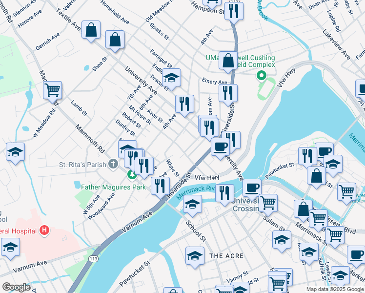 map of restaurants, bars, coffee shops, grocery stores, and more near 89 Mount Hope Street in Lowell