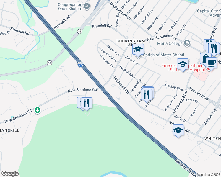 map of restaurants, bars, coffee shops, grocery stores, and more near 888 New Scotland Avenue in Albany