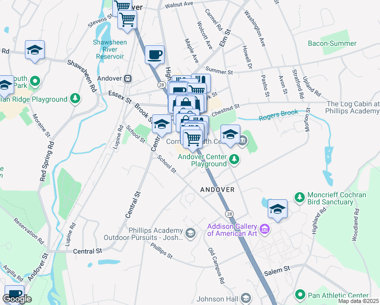 map of restaurants, bars, coffee shops, grocery stores, and more near 93 Main Street in Andover