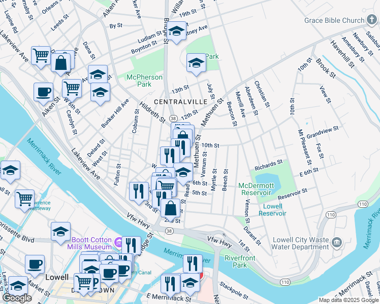 map of restaurants, bars, coffee shops, grocery stores, and more near 56 Methuen Street in Lowell