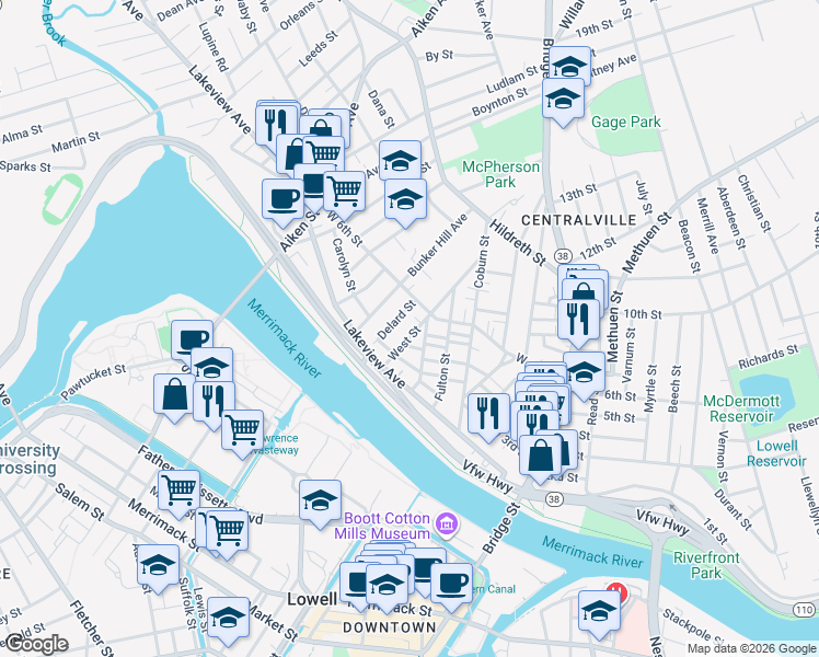 map of restaurants, bars, coffee shops, grocery stores, and more near 60 West Street in Lowell