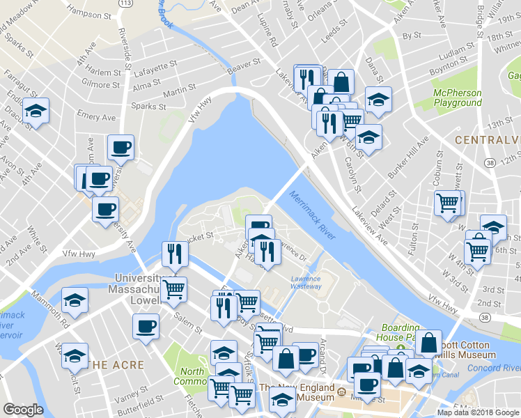 map of restaurants, bars, coffee shops, grocery stores, and more near 398 Aiken Street in Lowell