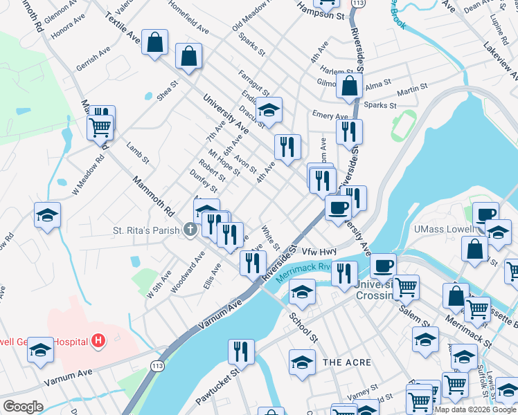 map of restaurants, bars, coffee shops, grocery stores, and more near 104 White Street in Lowell