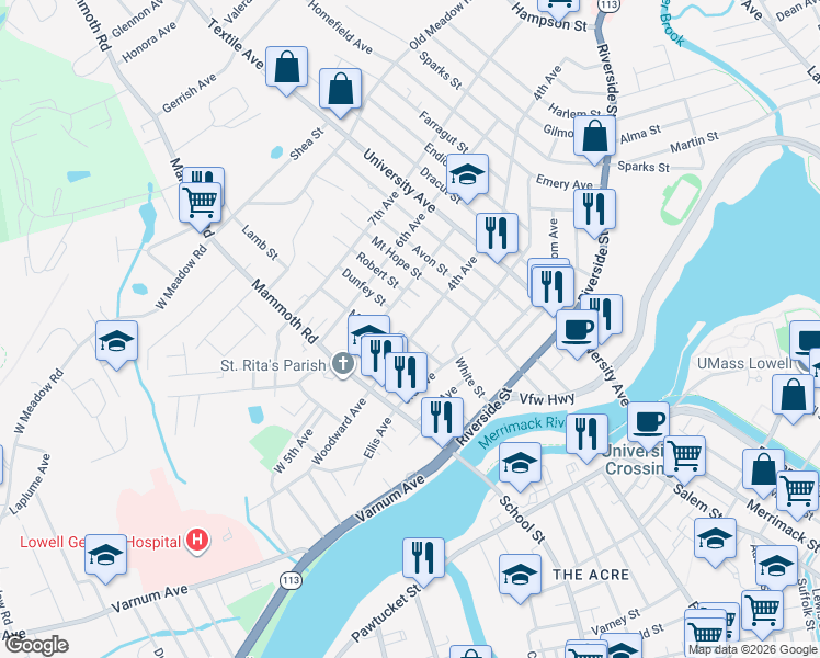 map of restaurants, bars, coffee shops, grocery stores, and more near 89 4th Avenue in Lowell