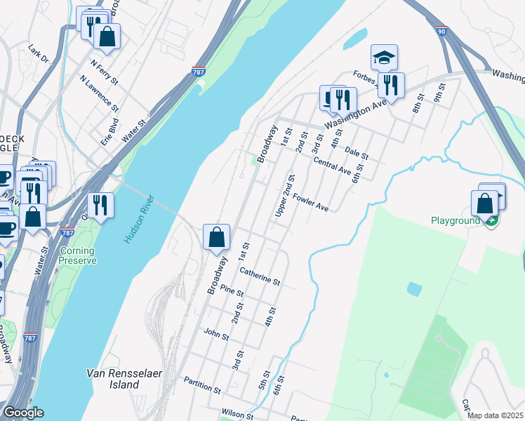map of restaurants, bars, coffee shops, grocery stores, and more near 1465 2nd Street in Rensselaer