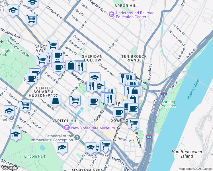 map of restaurants, bars, coffee shops, grocery stores, and more near 23 Elk Street in Albany