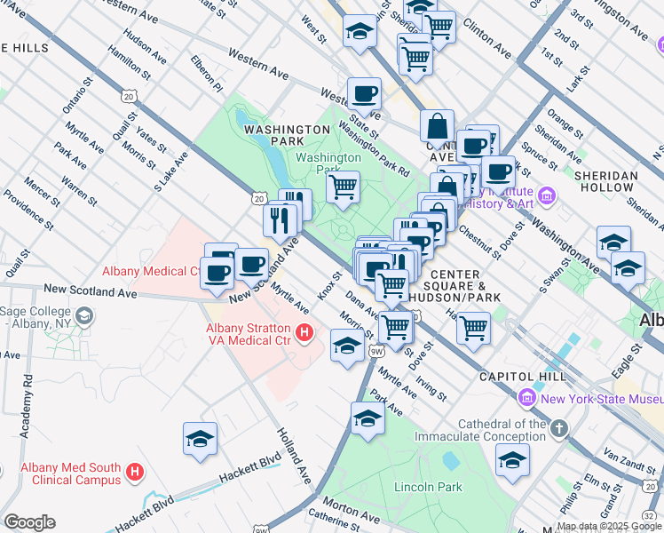 map of restaurants, bars, coffee shops, grocery stores, and more near 498 Madison Avenue in Albany