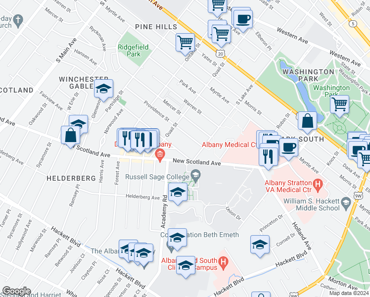 map of restaurants, bars, coffee shops, grocery stores, and more near 555 Providence Street in Albany