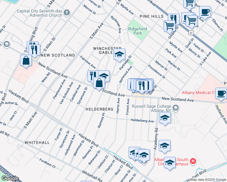 map of restaurants, bars, coffee shops, grocery stores, and more near 7 Norwood Avenue in Albany