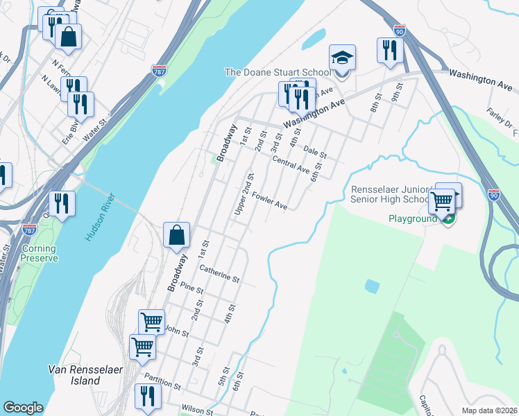map of restaurants, bars, coffee shops, grocery stores, and more near 1497 3rd Street in Rensselaer