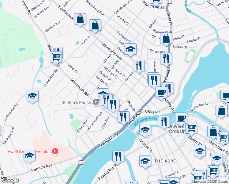 map of restaurants, bars, coffee shops, grocery stores, and more near 89 4th Avenue in Lowell