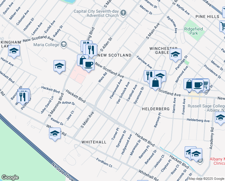 map of restaurants, bars, coffee shops, grocery stores, and more near 38 Fleetwood Avenue in Albany