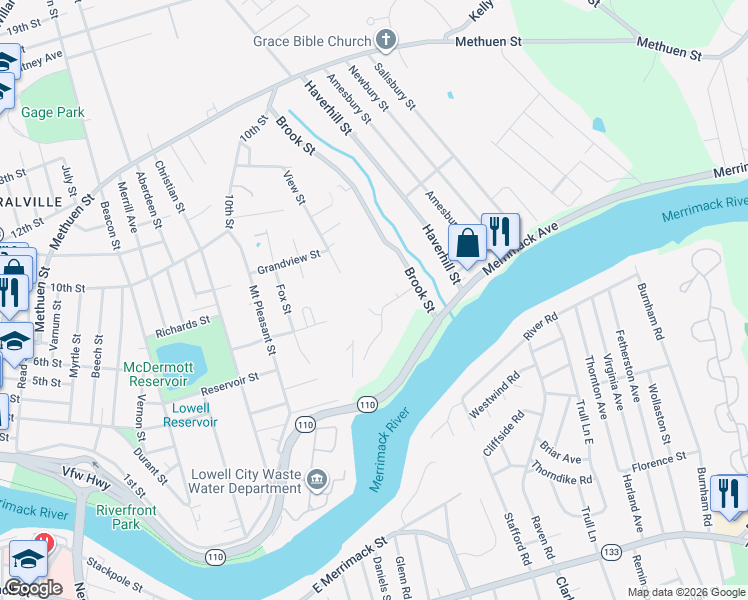 map of restaurants, bars, coffee shops, grocery stores, and more near 100 Merrimack Avenue in Dracut