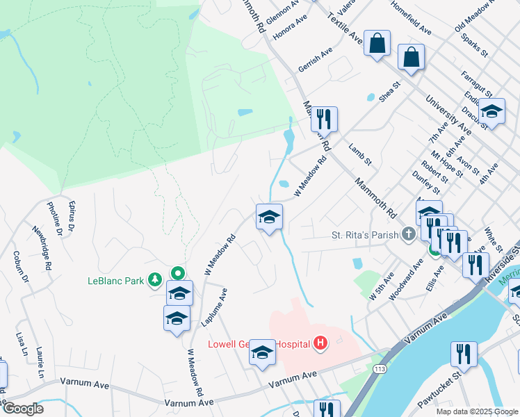 map of restaurants, bars, coffee shops, grocery stores, and more near 167 West Meadow Road in Lowell