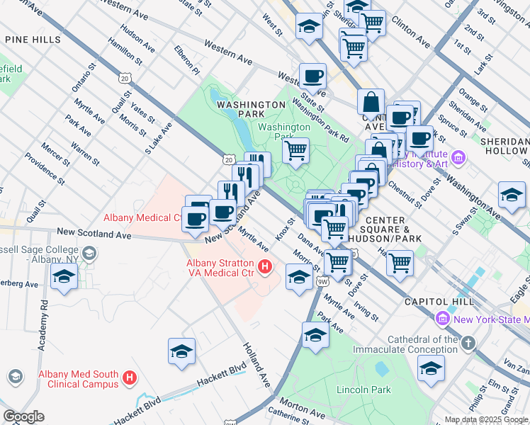 map of restaurants, bars, coffee shops, grocery stores, and more near 86 Dana Avenue in Albany