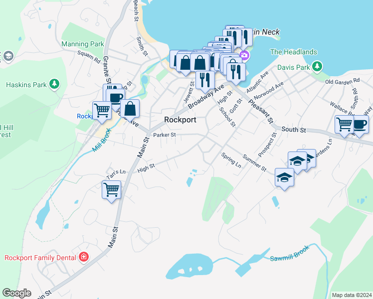 map of restaurants, bars, coffee shops, grocery stores, and more near 56 High Street in Rockport