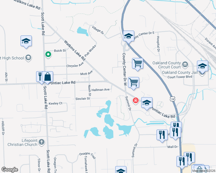 map of restaurants, bars, coffee shops, grocery stores, and more near 2545 Pontiac Lake Road in Waterford Township