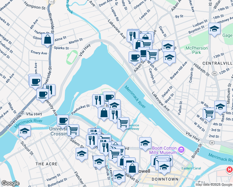 map of restaurants, bars, coffee shops, grocery stores, and more near 35 Riverwalk Way in Lowell