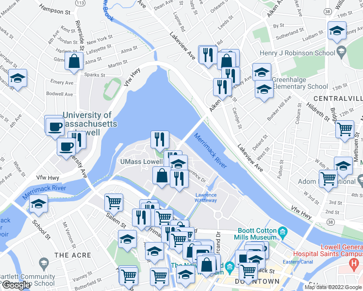 map of restaurants, bars, coffee shops, grocery stores, and more near 35 Riverwalk Way in Lowell