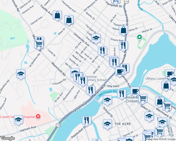 map of restaurants, bars, coffee shops, grocery stores, and more near 89 4th Avenue in Lowell