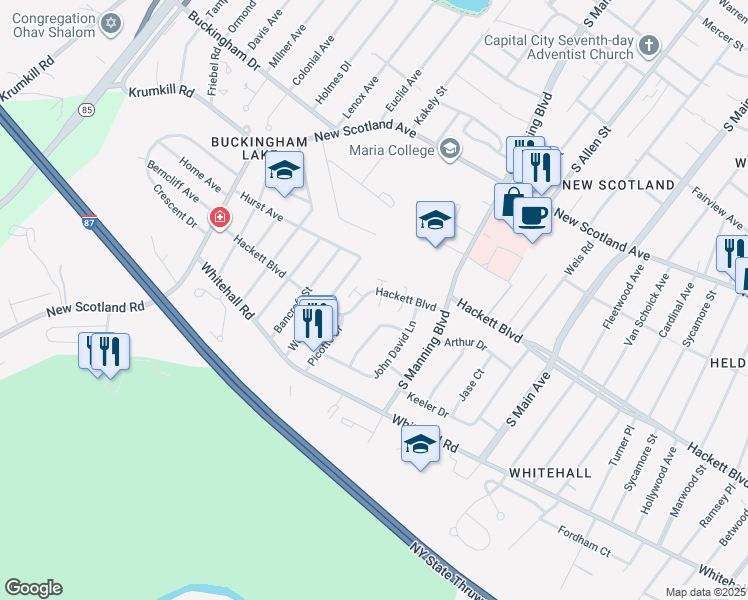 map of restaurants, bars, coffee shops, grocery stores, and more near in Albany