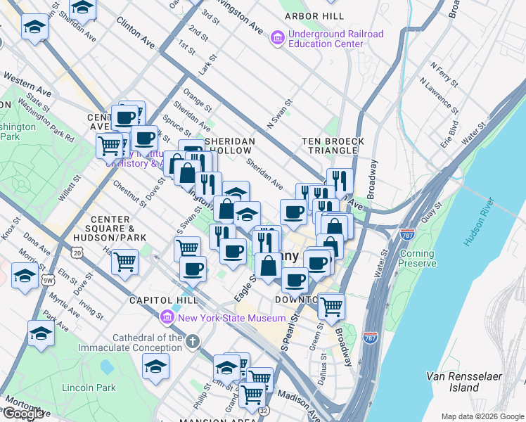 map of restaurants, bars, coffee shops, grocery stores, and more near 23 Elk Street in Albany