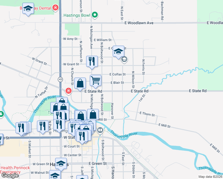 map of restaurants, bars, coffee shops, grocery stores, and more near 319 East State Road in Hastings
