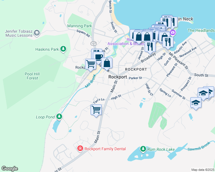 map of restaurants, bars, coffee shops, grocery stores, and more near 2 Pooles Lane in Rockport