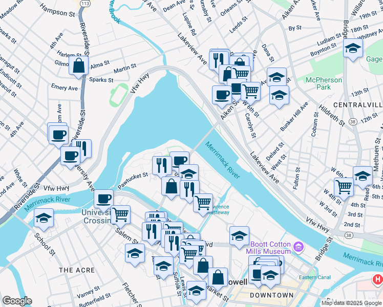 map of restaurants, bars, coffee shops, grocery stores, and more near 35 Riverwalk Way in Lowell