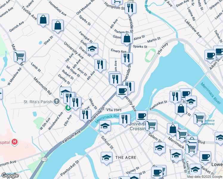 map of restaurants, bars, coffee shops, grocery stores, and more near 14 Gardner Avenue in Lowell