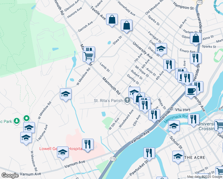 map of restaurants, bars, coffee shops, grocery stores, and more near 248 Mammoth Road in Lowell