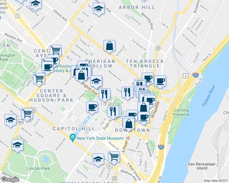 map of restaurants, bars, coffee shops, grocery stores, and more near 23 Elk Street in Albany