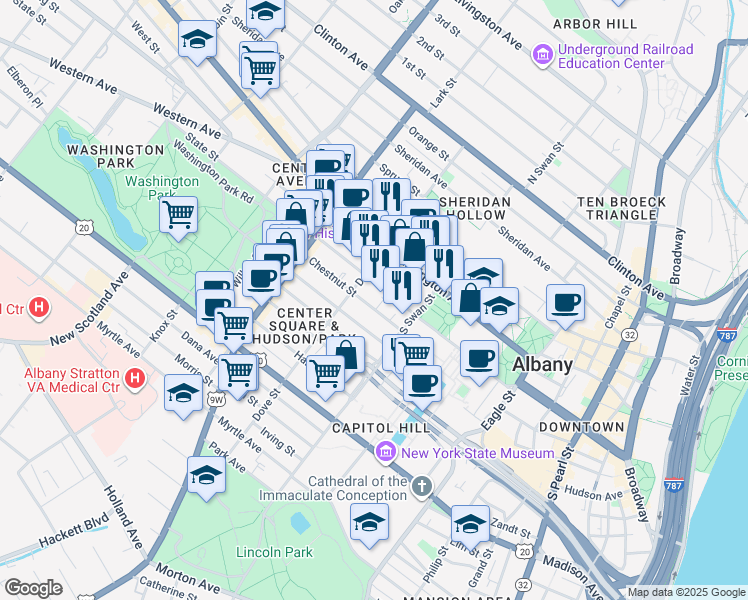 map of restaurants, bars, coffee shops, grocery stores, and more near 259 State Street in Albany