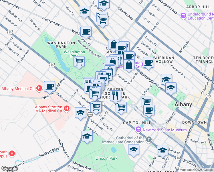 map of restaurants, bars, coffee shops, grocery stores, and more near 222 Jay Street in Albany
