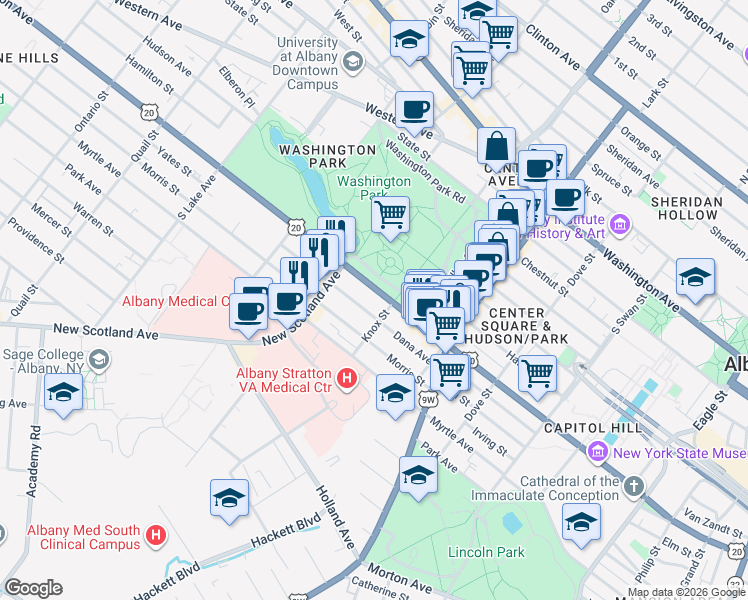 map of restaurants, bars, coffee shops, grocery stores, and more near in Albany