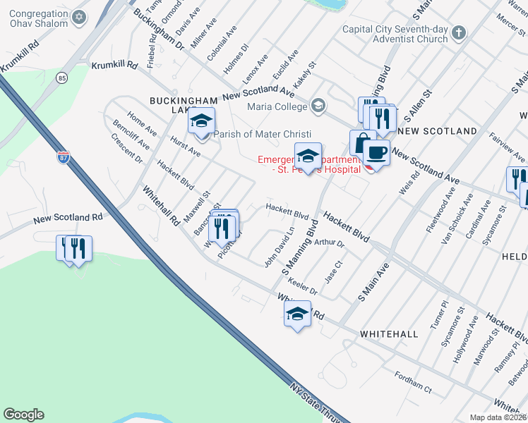 map of restaurants, bars, coffee shops, grocery stores, and more near in Albany